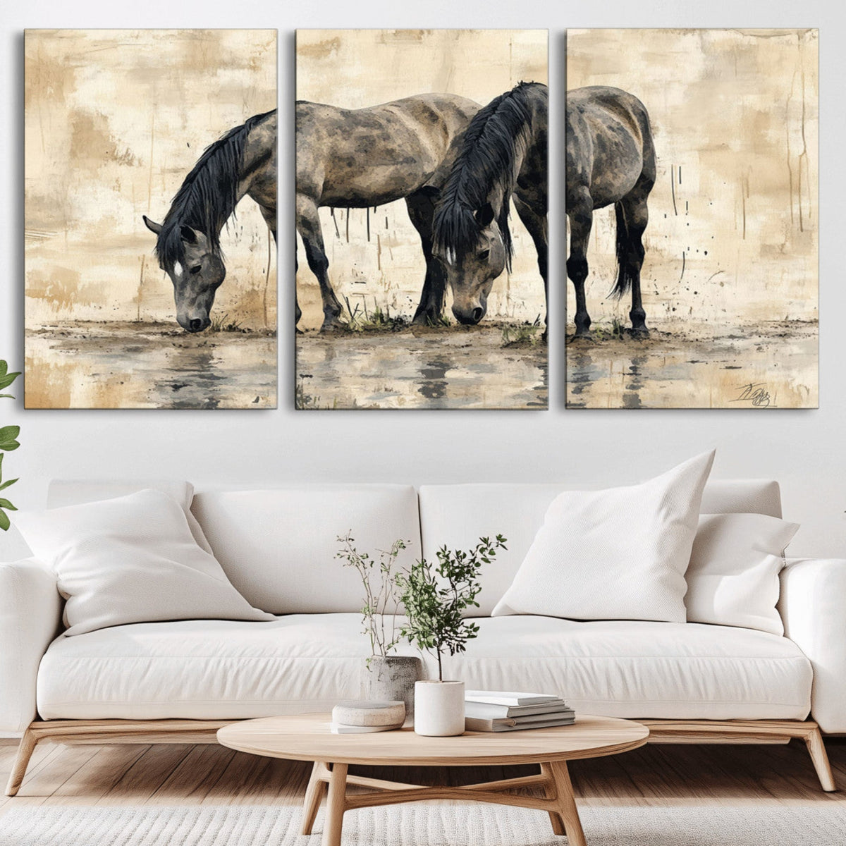 Chinese Style Abstract Black Horses Wall Art Canvas Print -