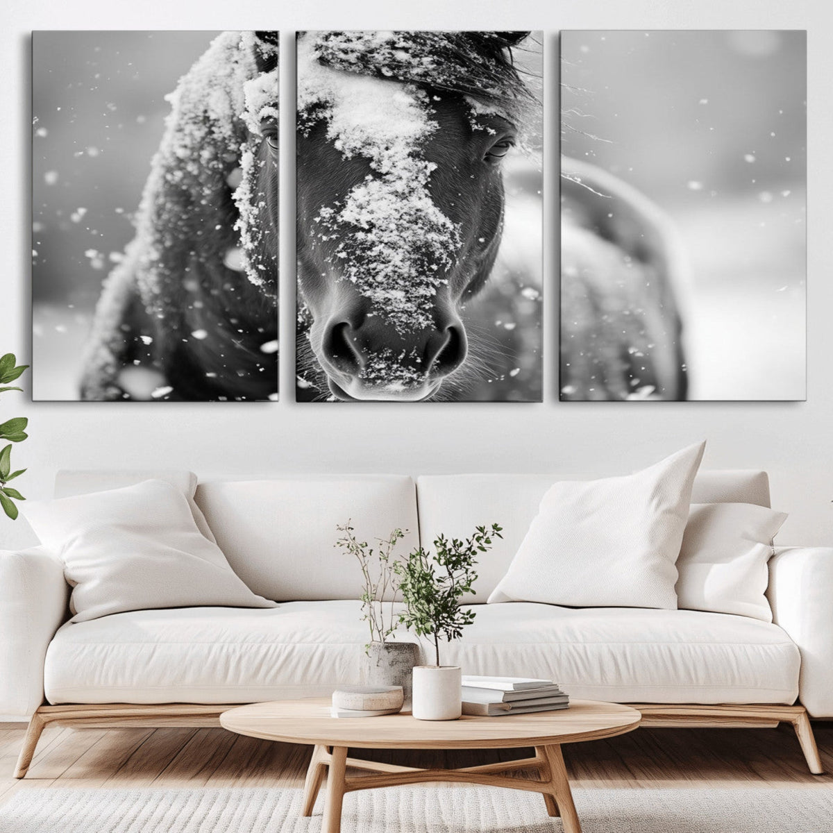 Black and White Horse Winter Wall Art | Ready to Hang and