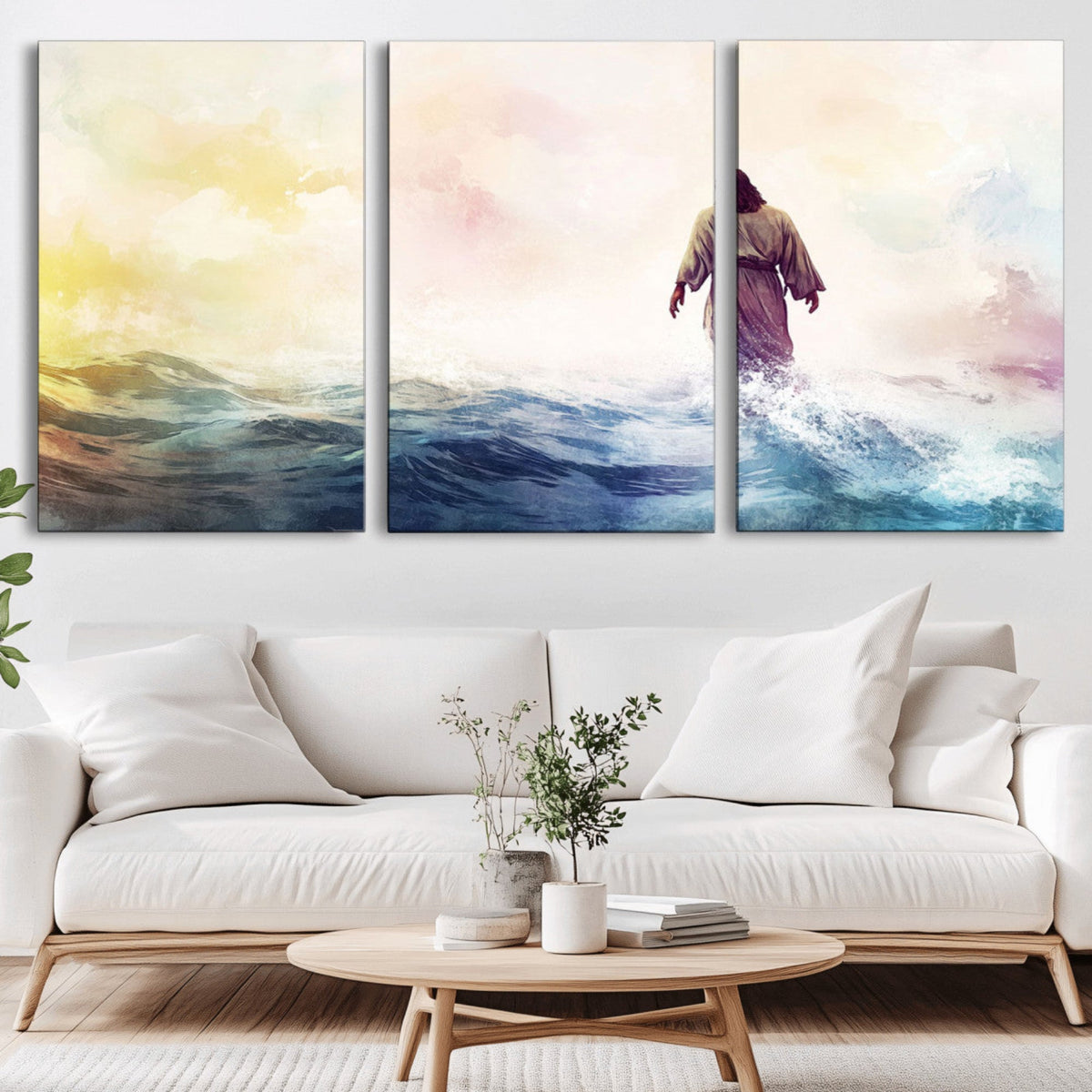 Watercolor Jesus Walking on Water Canvas Print, Christian