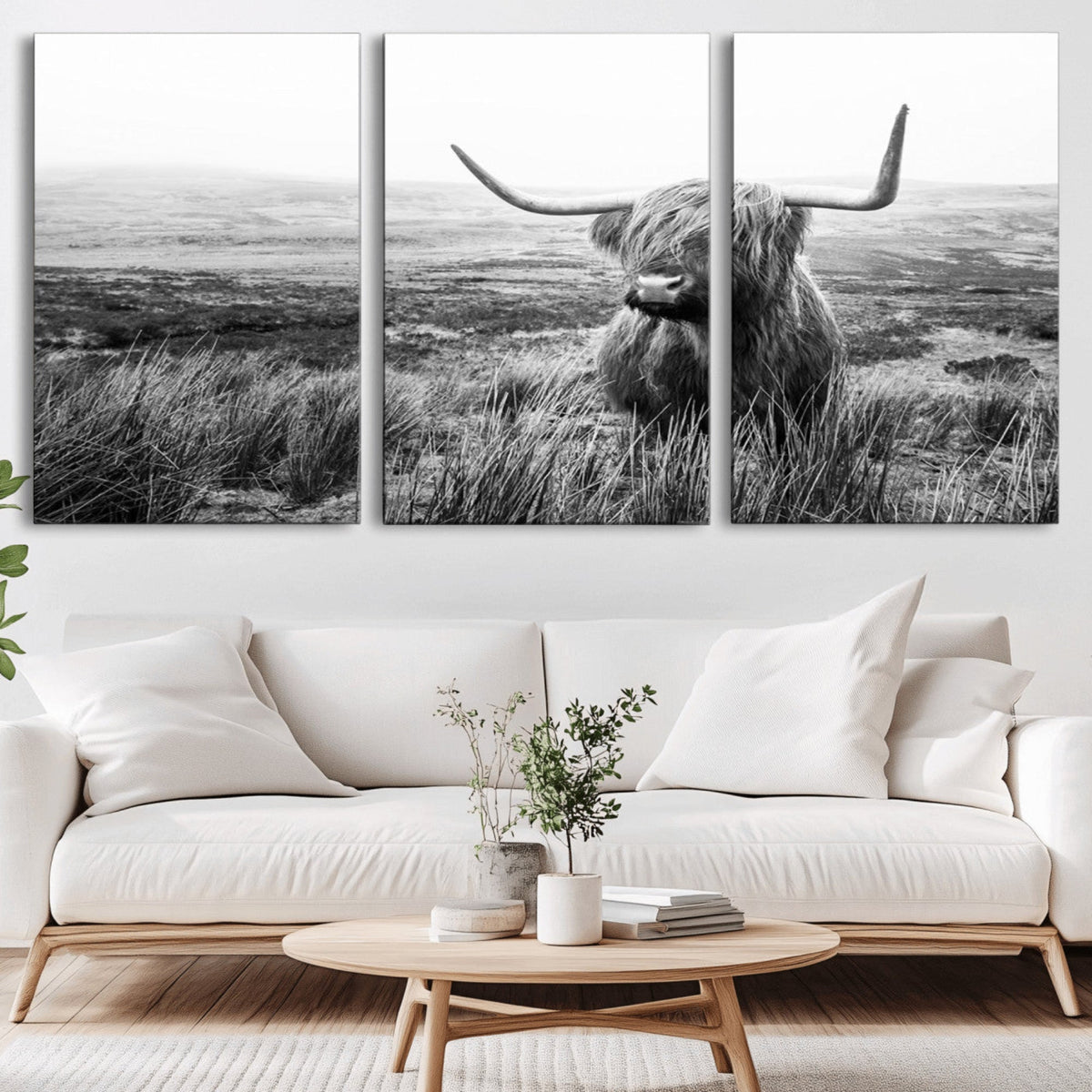 Scottish Highland Cow Wall Art | Black and White Canvas