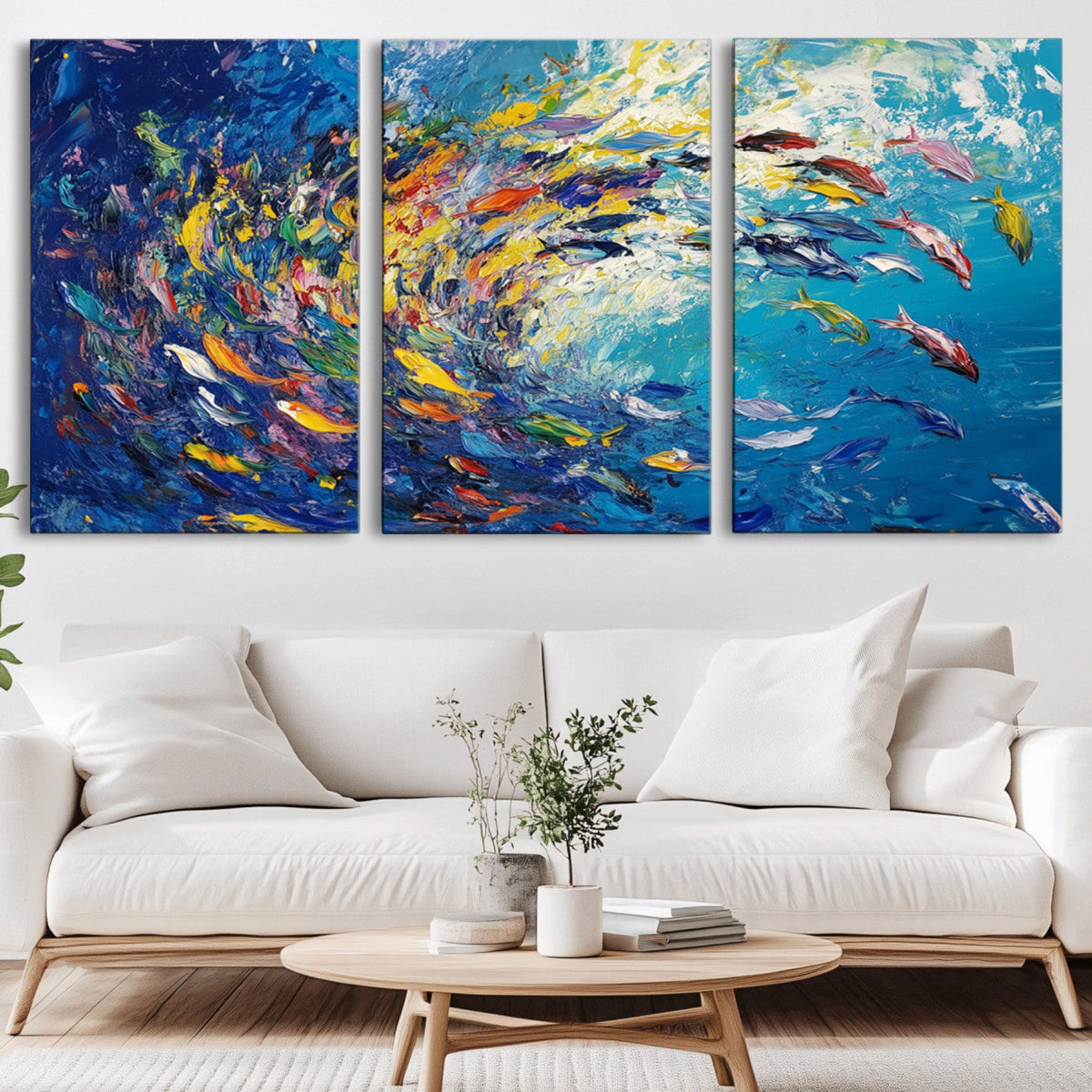 Colorful Swirling Fish School Wall Art Canvas Print |