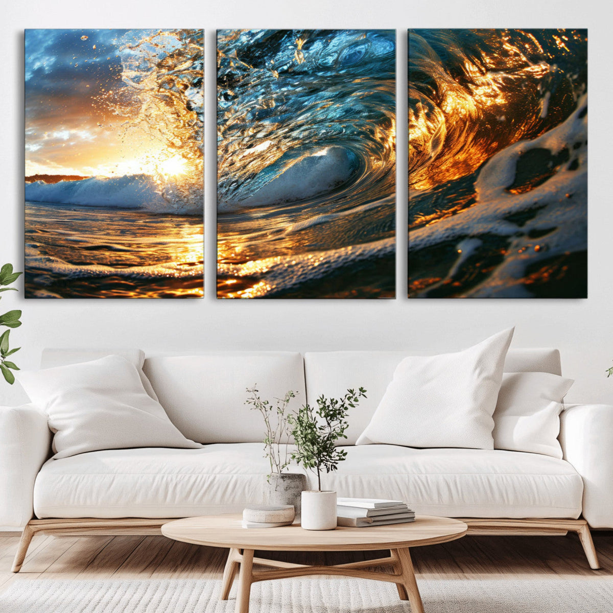 Ocean Wave at Sunset Canvas Wall Art – Vibrant Coastal Beach