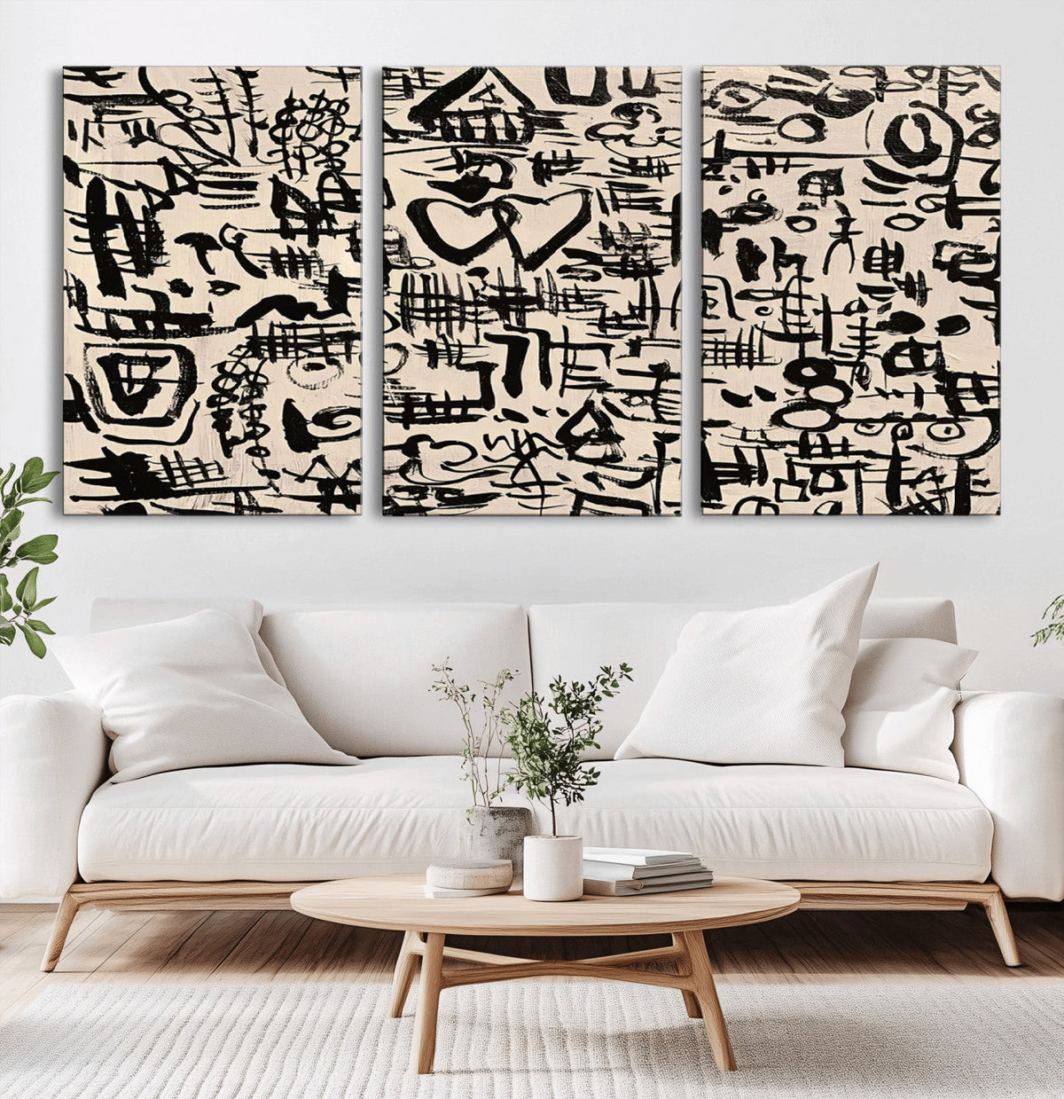 Abstract Love and Chaos Canvas Print, Black Symbols on Beige