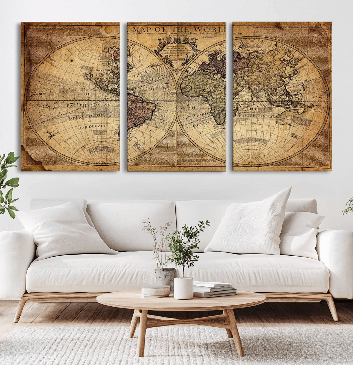 Vintage World Map Wall Art Canvas – Antique Style Push Pin