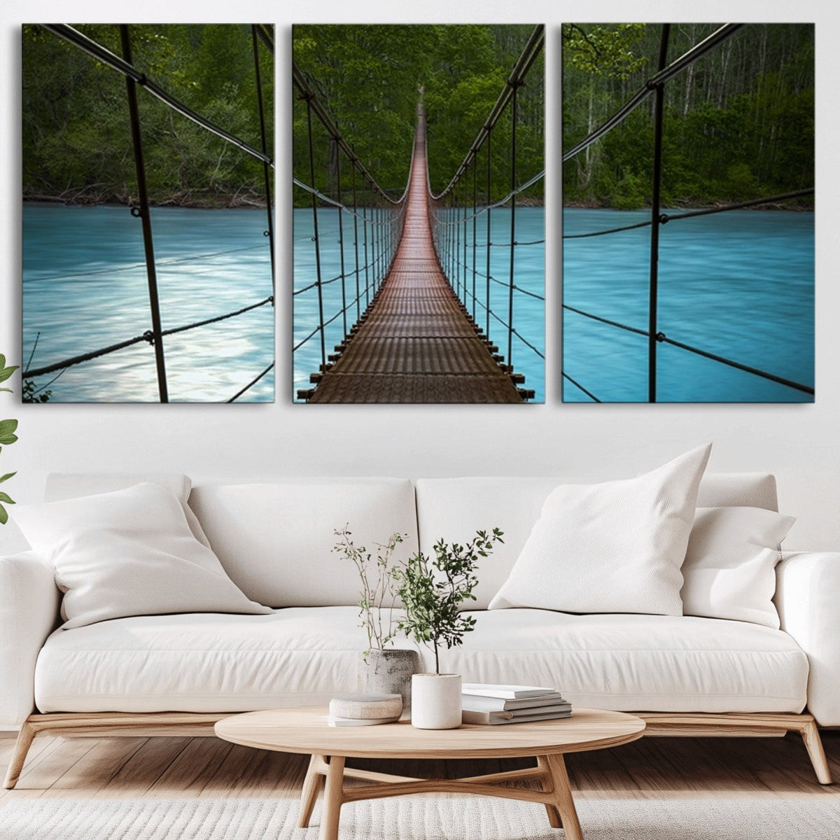Suspension Bridge Over River Canvas Art | 3-Panel Nature