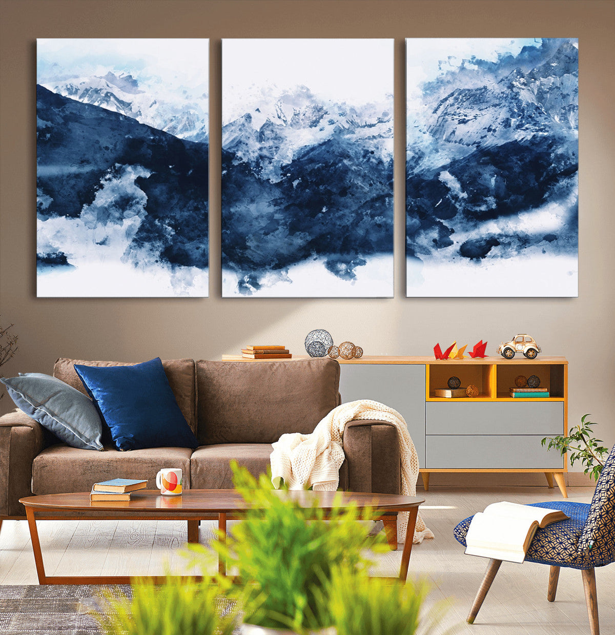 Abstract Blue Mountain Canvas Wall Art – Modern Triptych