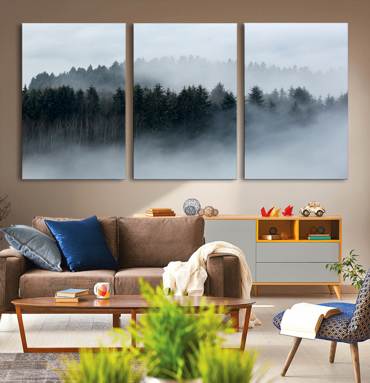 Autumn and Misty Trees in the Forest Wall Art Canvas Print,