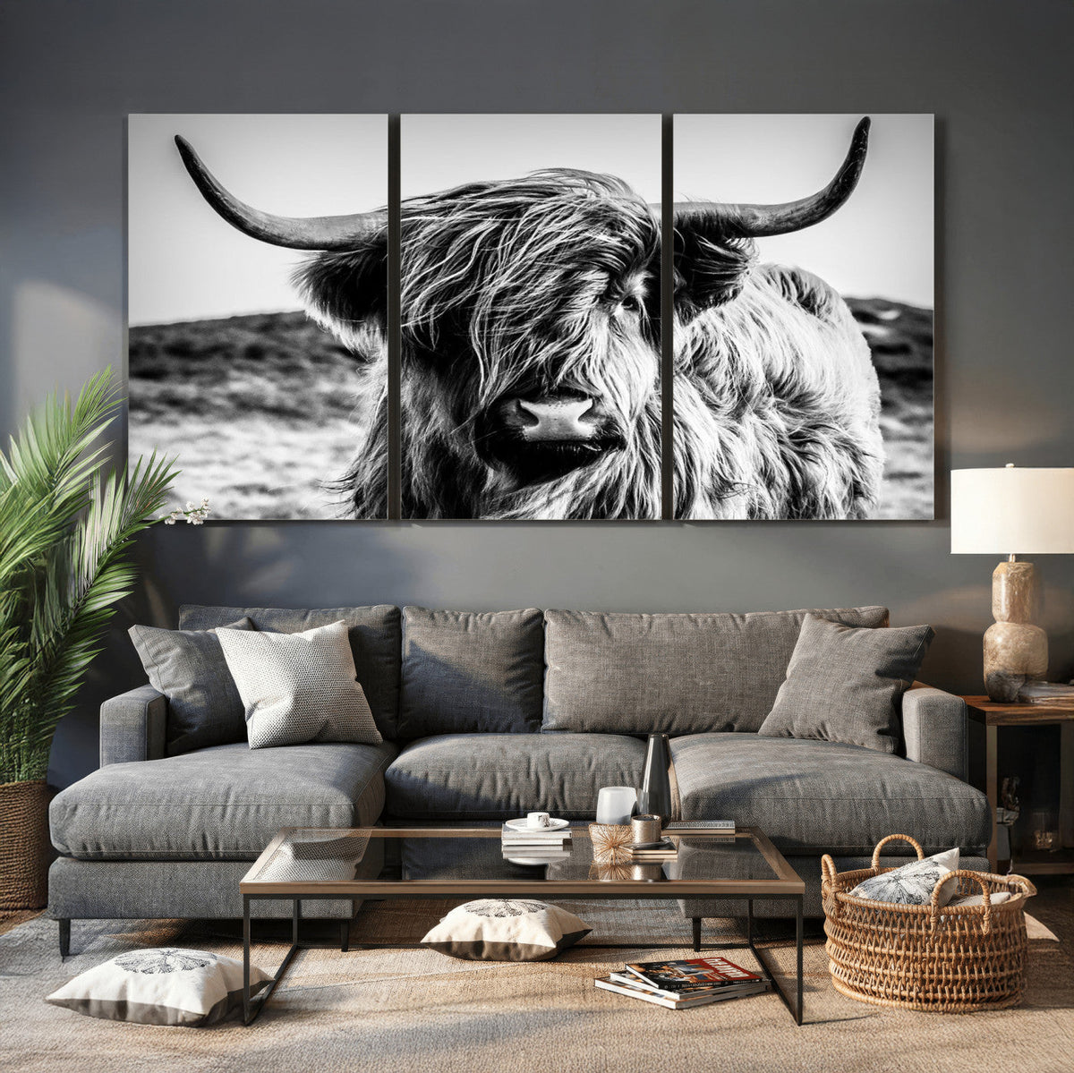 Black and White Scottish Cow Canvas Wall Art Highland Cattle