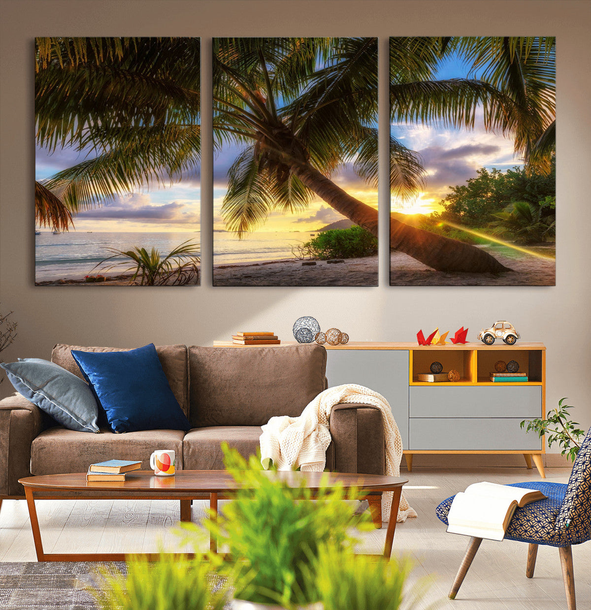 Tropical Island Sunset on the Beach Palms Wall Art Canvas