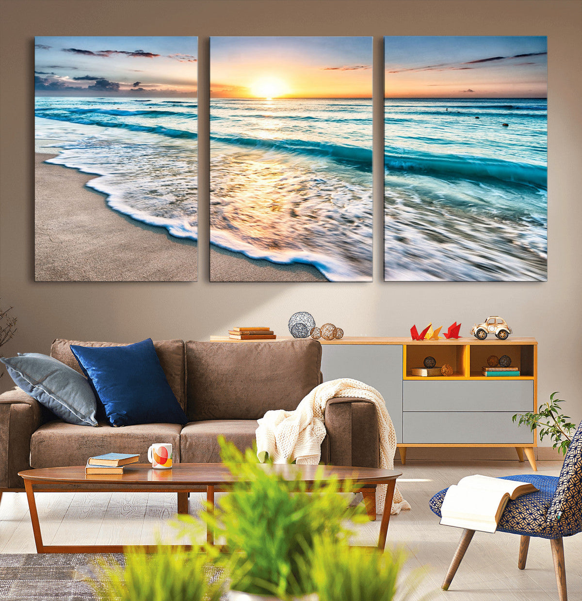 Sunset Beach Waves Canvas Wall Art – 5-Panel Ocean Sunset