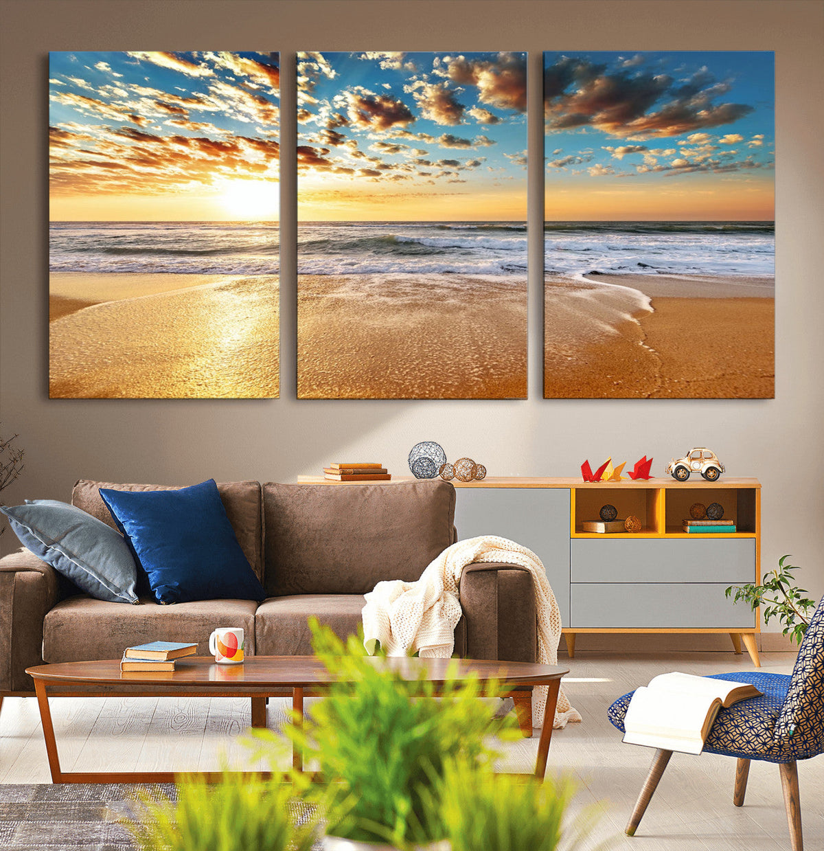 Golden Sunset Beach Print Canvas Wall Art, Giclee Canvas
