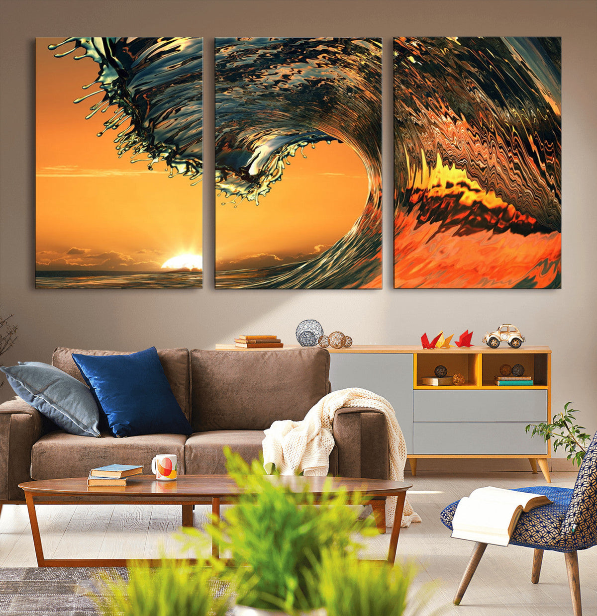 Surf Wave Sunset Canvas Wall Art Print, 3-Panel Ocean