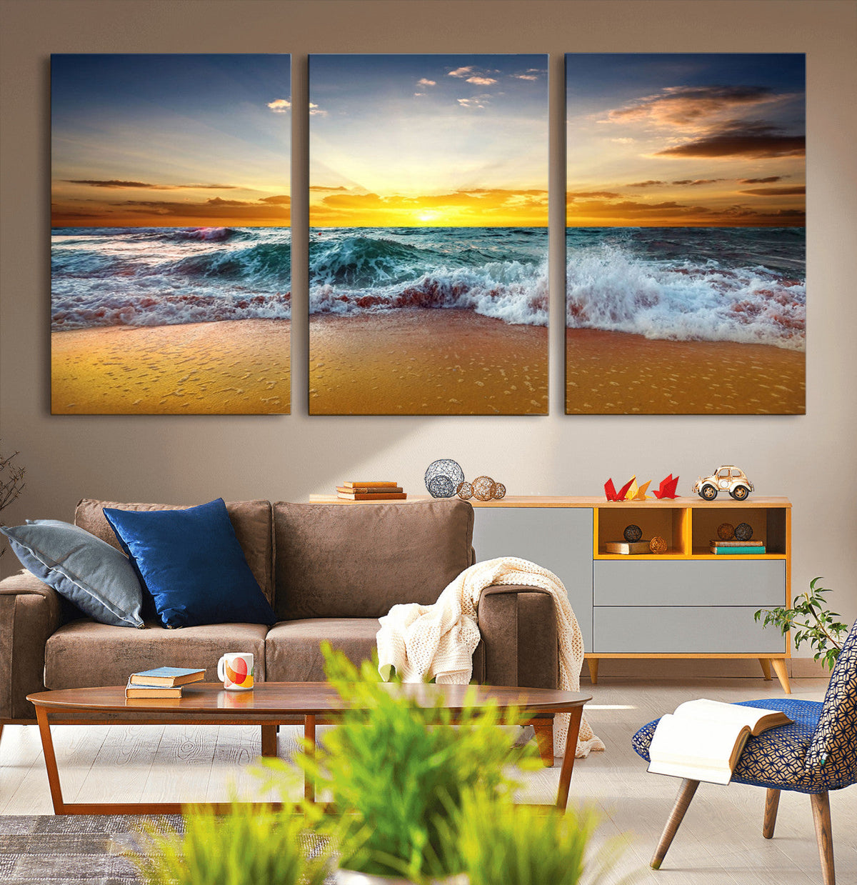 Golden Sunset Ocean Waves Wall Art Canvas Print – Multi