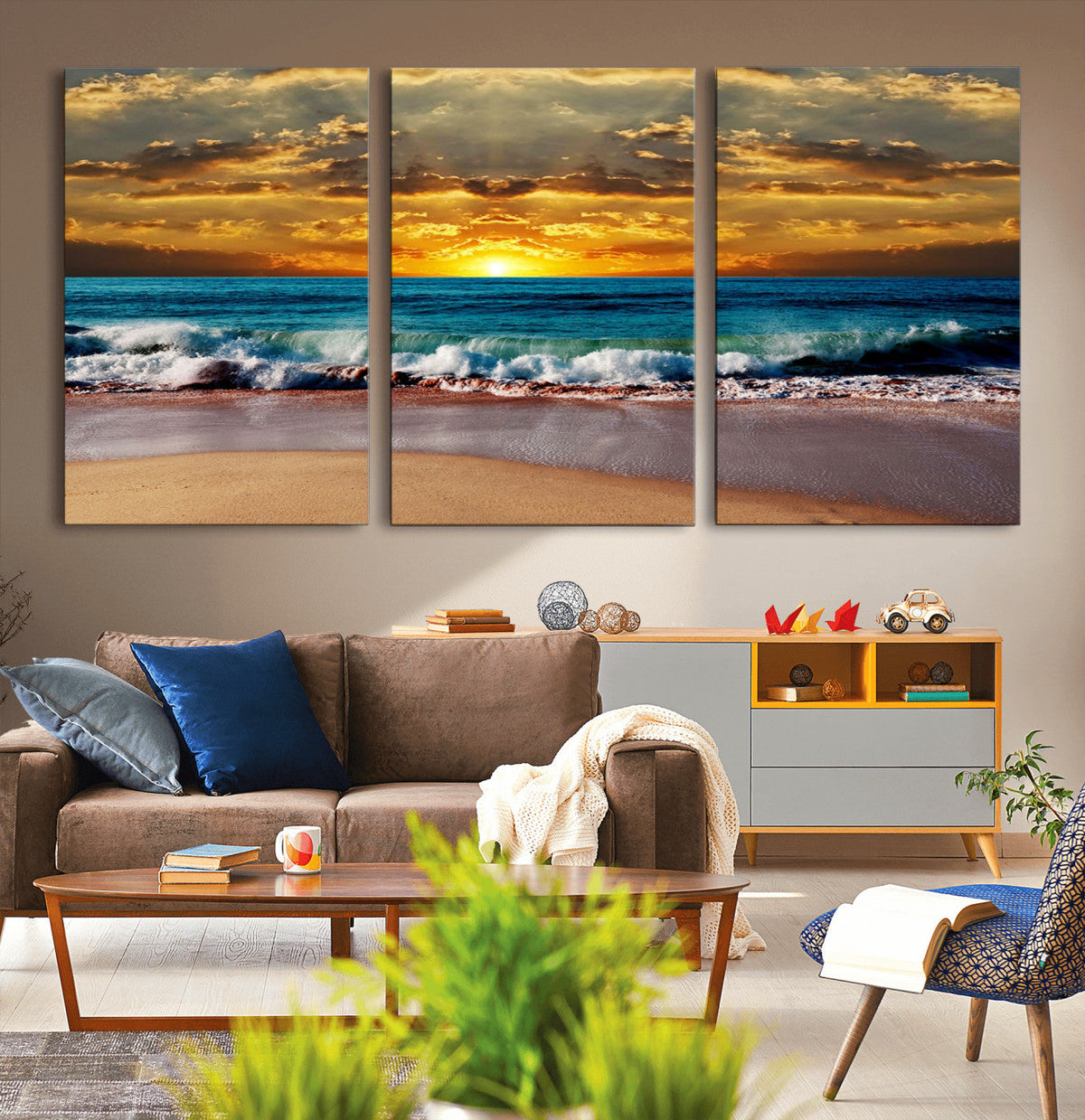 Ocean Sunrise Over Golden Beach Waves, Giclee Canvas Wall