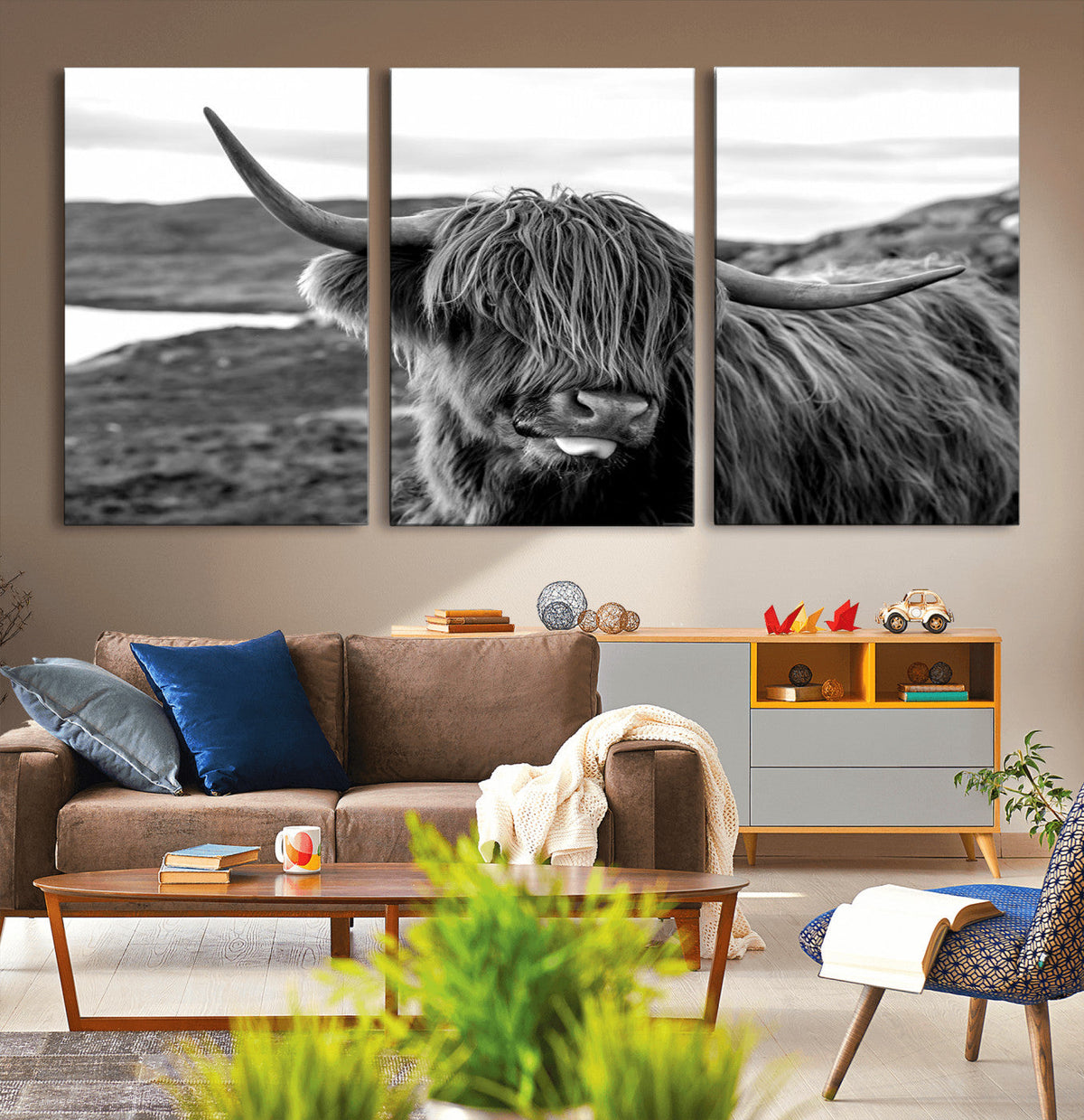 Longhorn Steer Canvas Print Wall Art, Highland Cow Canvas