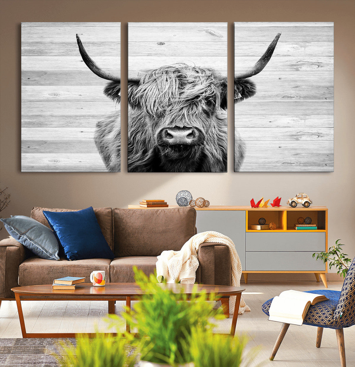 Scottish Highland Cow Cattle Art Print on Wood Background