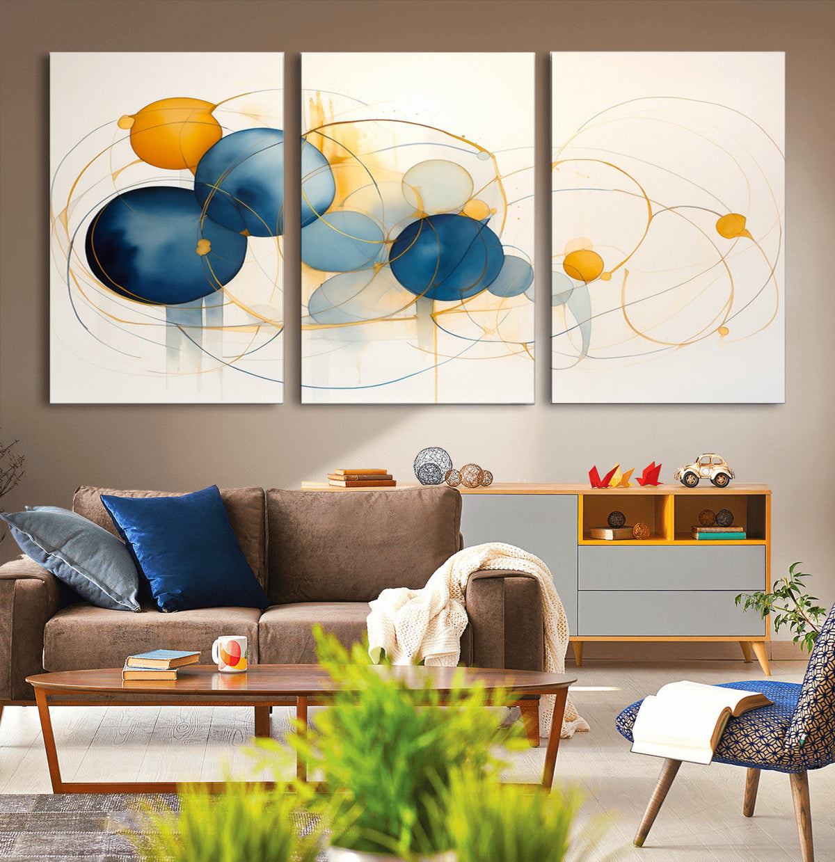 Geometric Blue Orange Abstract Wall Art Canvas, Geometric