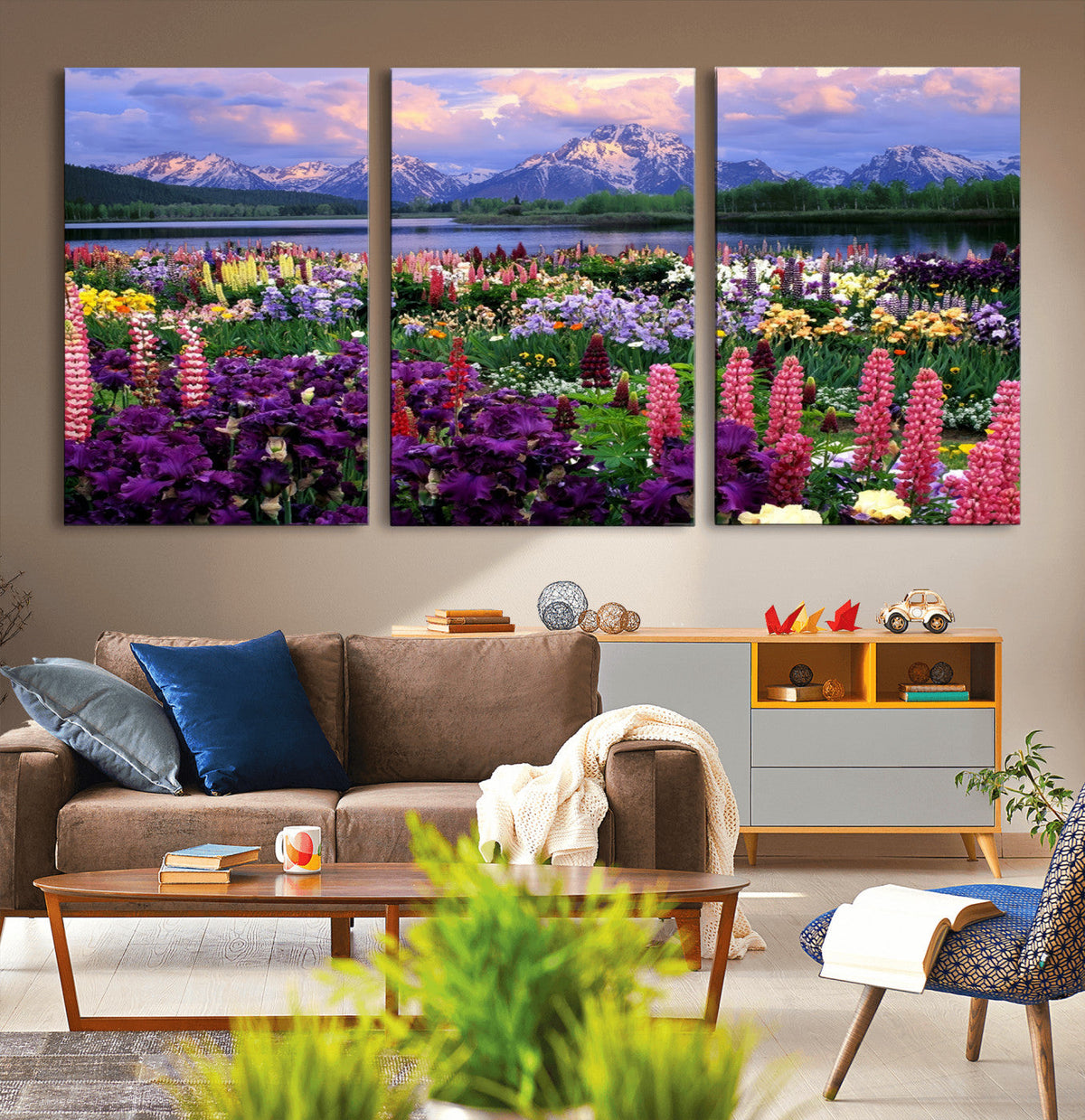 Vibrant Wildflower Garden and Mountain View Giclee Canvas