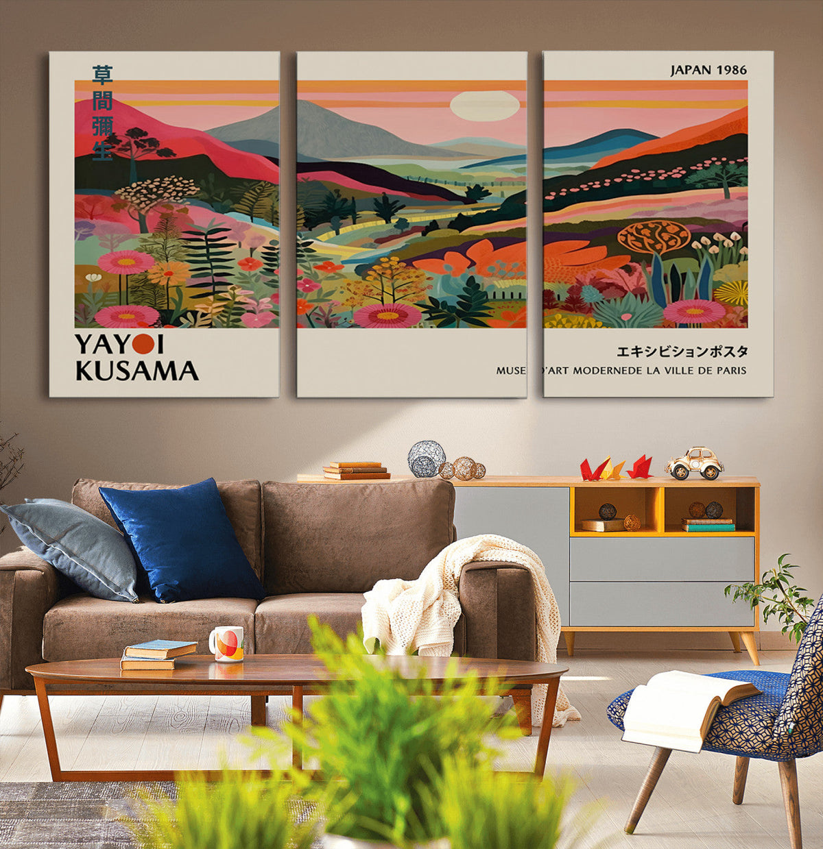 Yayoi Kusama Landscape Canvas Print, Vibrant Floral Mountain