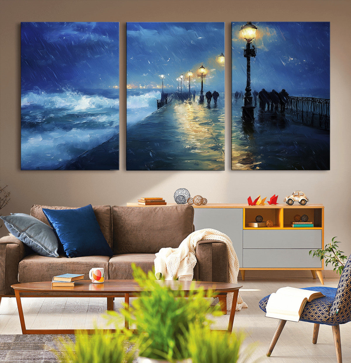 Storm Ocean Pier Canvas Wall Art Print - Large Moody Night