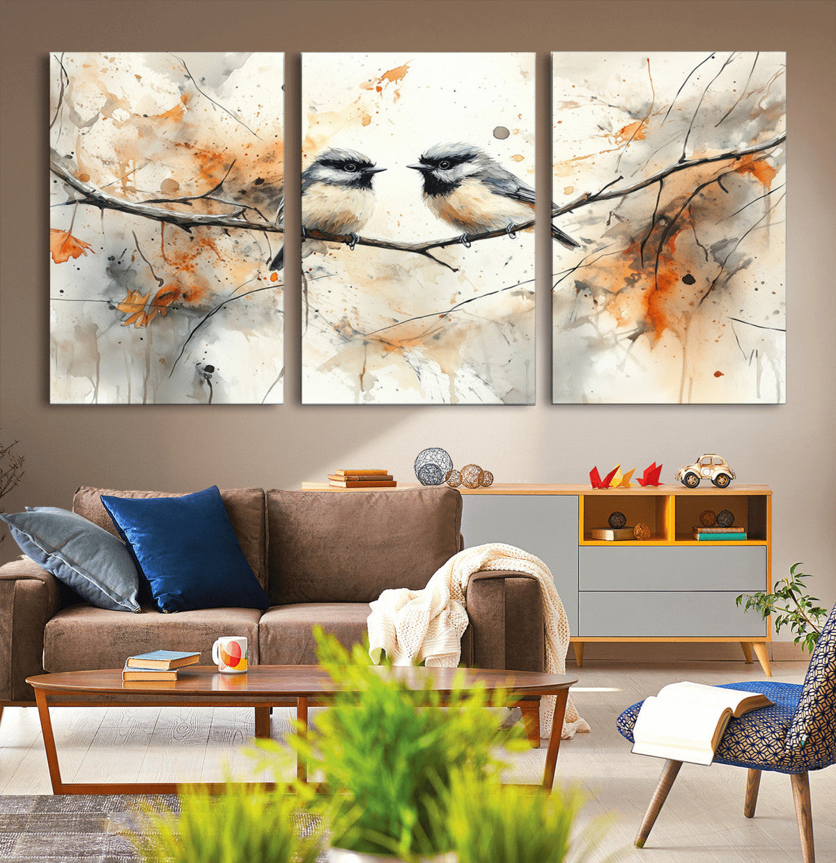 Abstract Watercolor Chickadee Bird Canvas Wall Art Print -