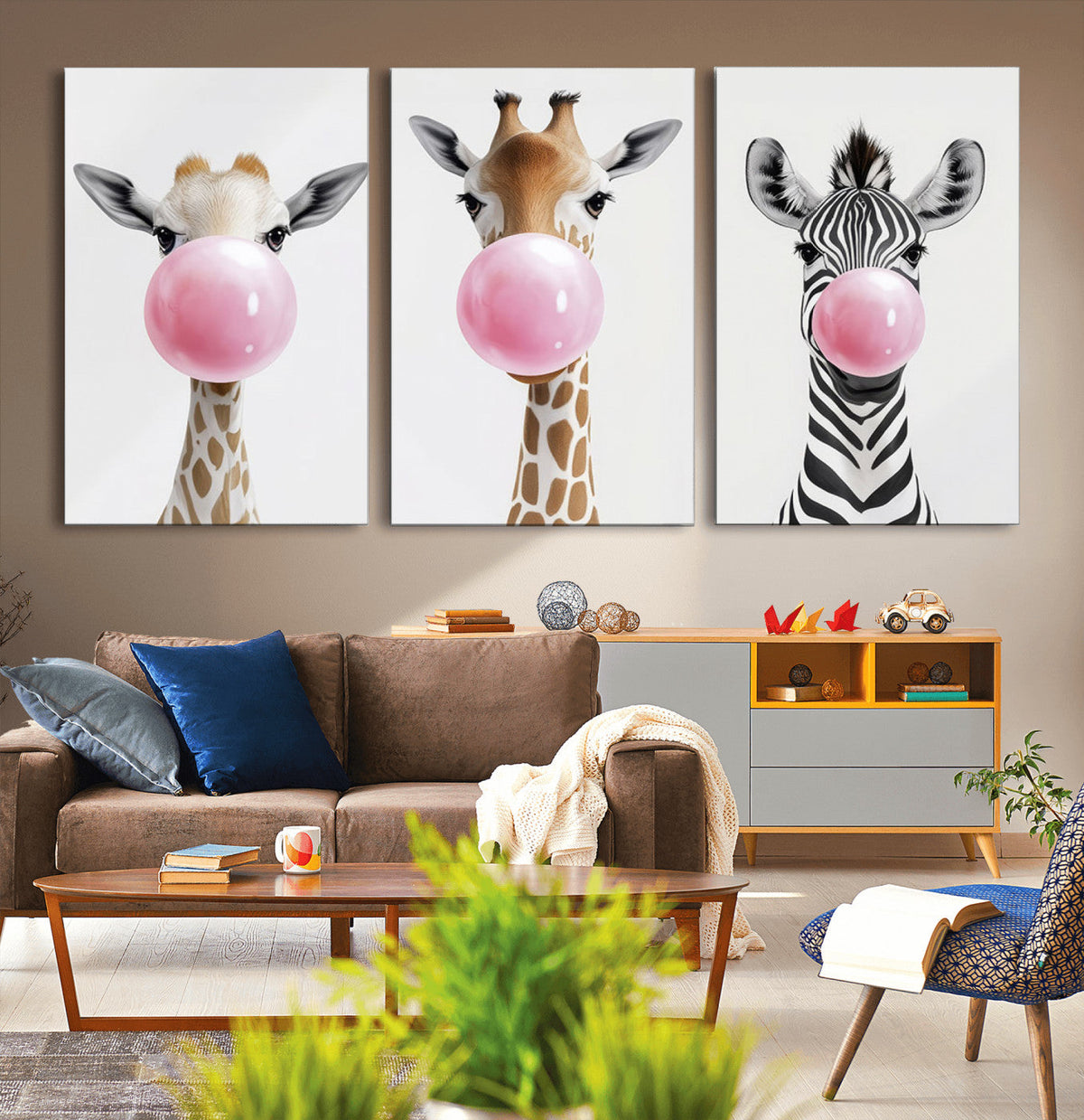Bubblegum Animals Canvas Wall Art - Playful Giraffe and