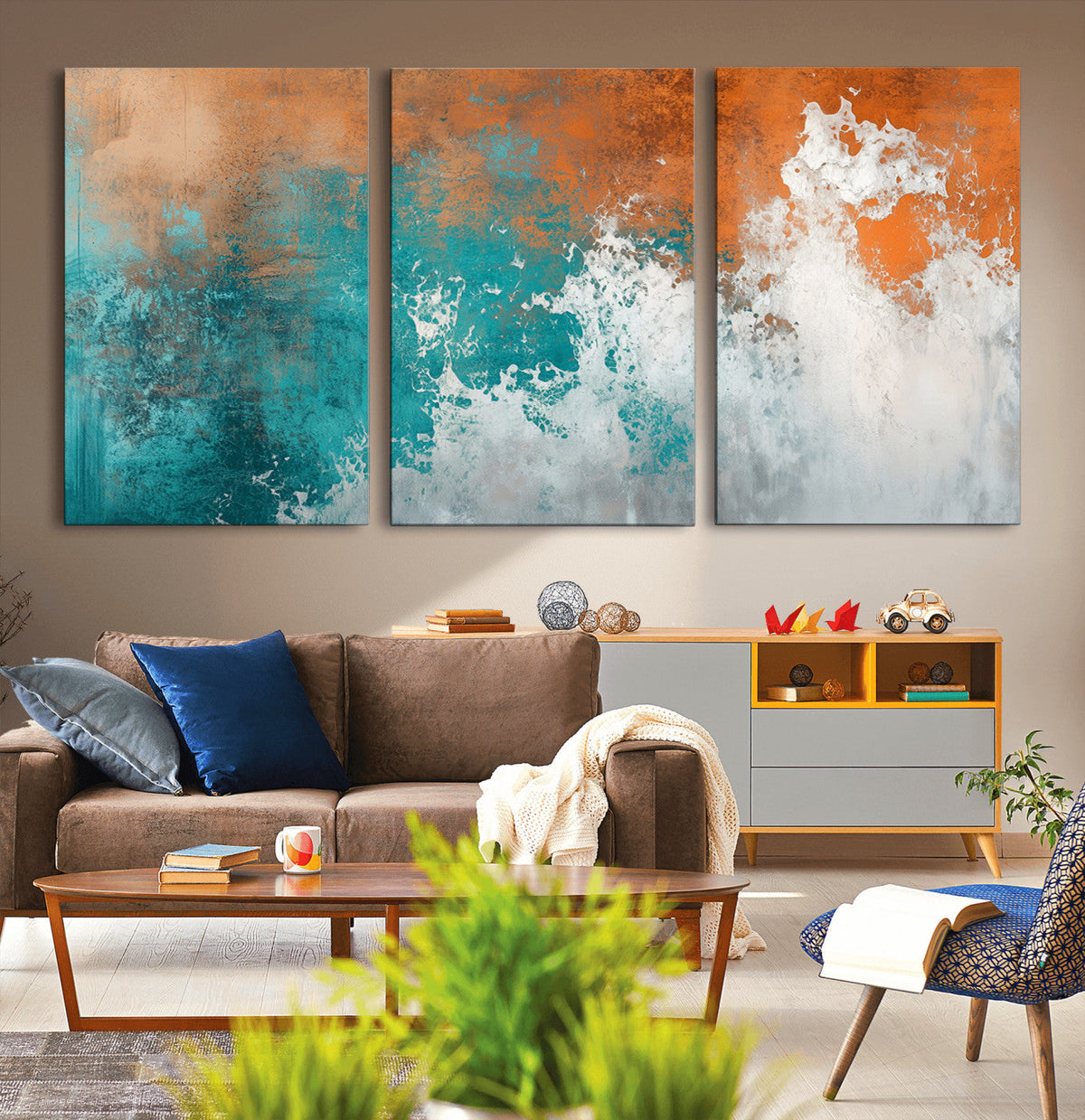 Vintage Abstract Print - Bold Teal and Orange Canvas Wall