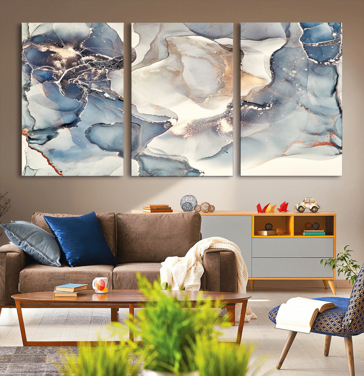 Abstract Blue and Gold Canvas Wall Art - Fluid Modern Ink