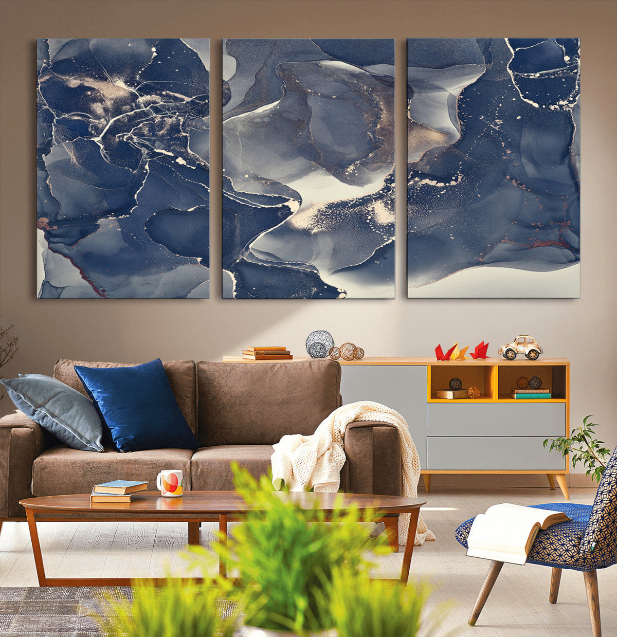 Large Abstract Blue and Gold Canvas Wall Art Fluid Ink
