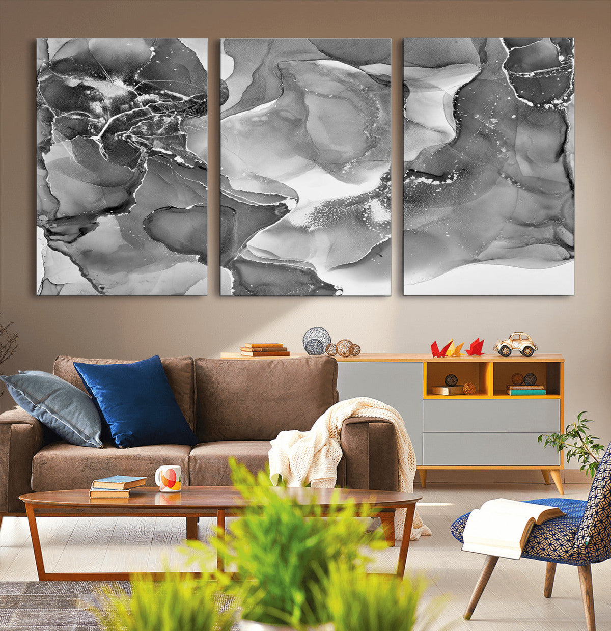 Black White Abstract Canvas Wall Art - Fluid Ink Artwork -