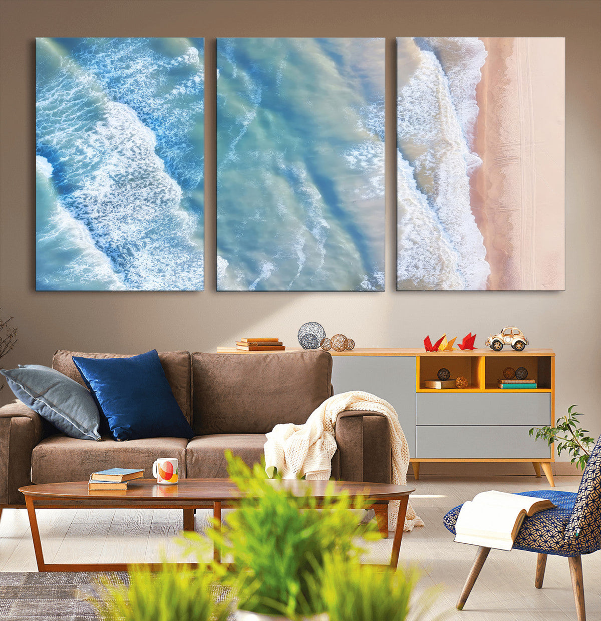 Aerial Ocean View Wall Art Canvas Print – Framed Soft Blue