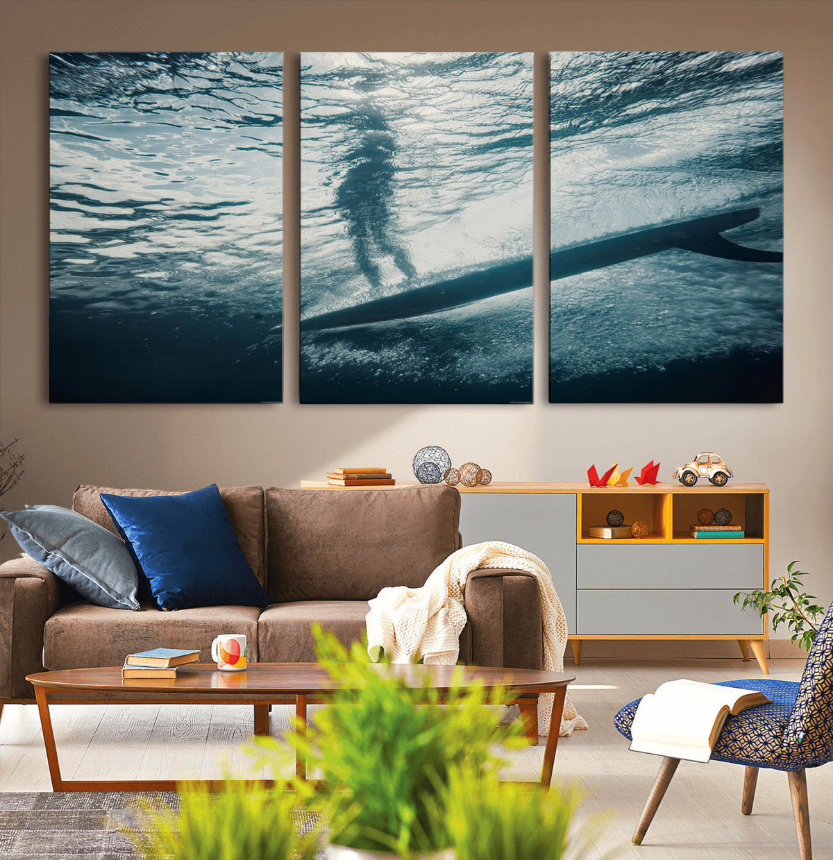 Underwater Surf Wall Art – Framed Ocean Wave Canvas Artwork,