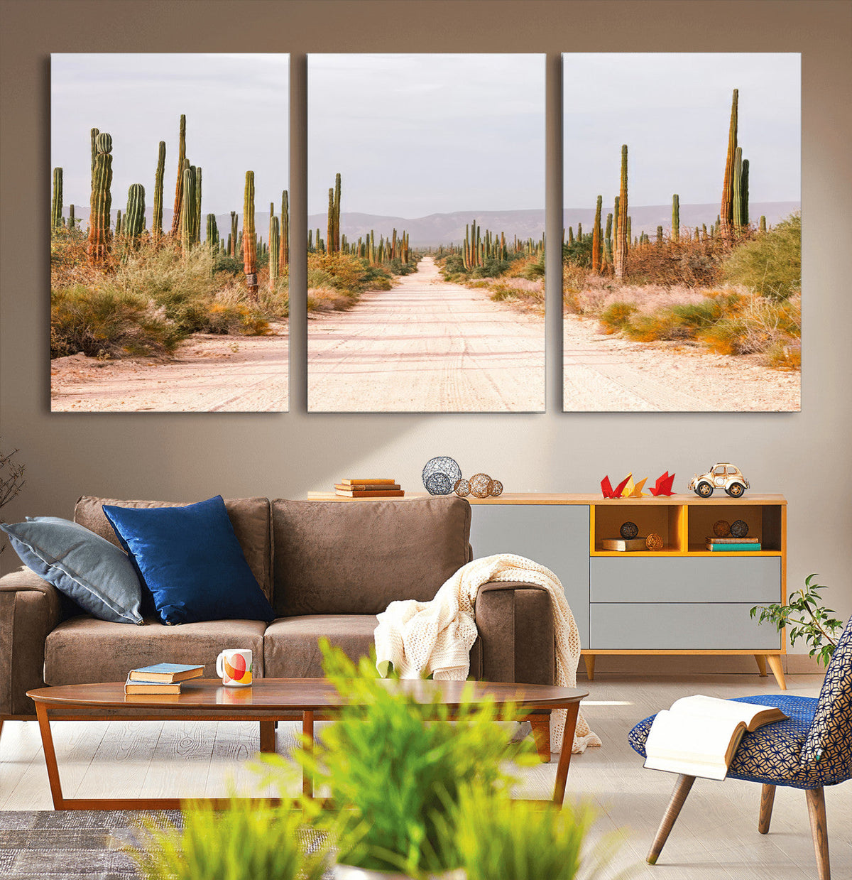 Desert Cactus Lined Road Wall Art Canvas Print – Framed