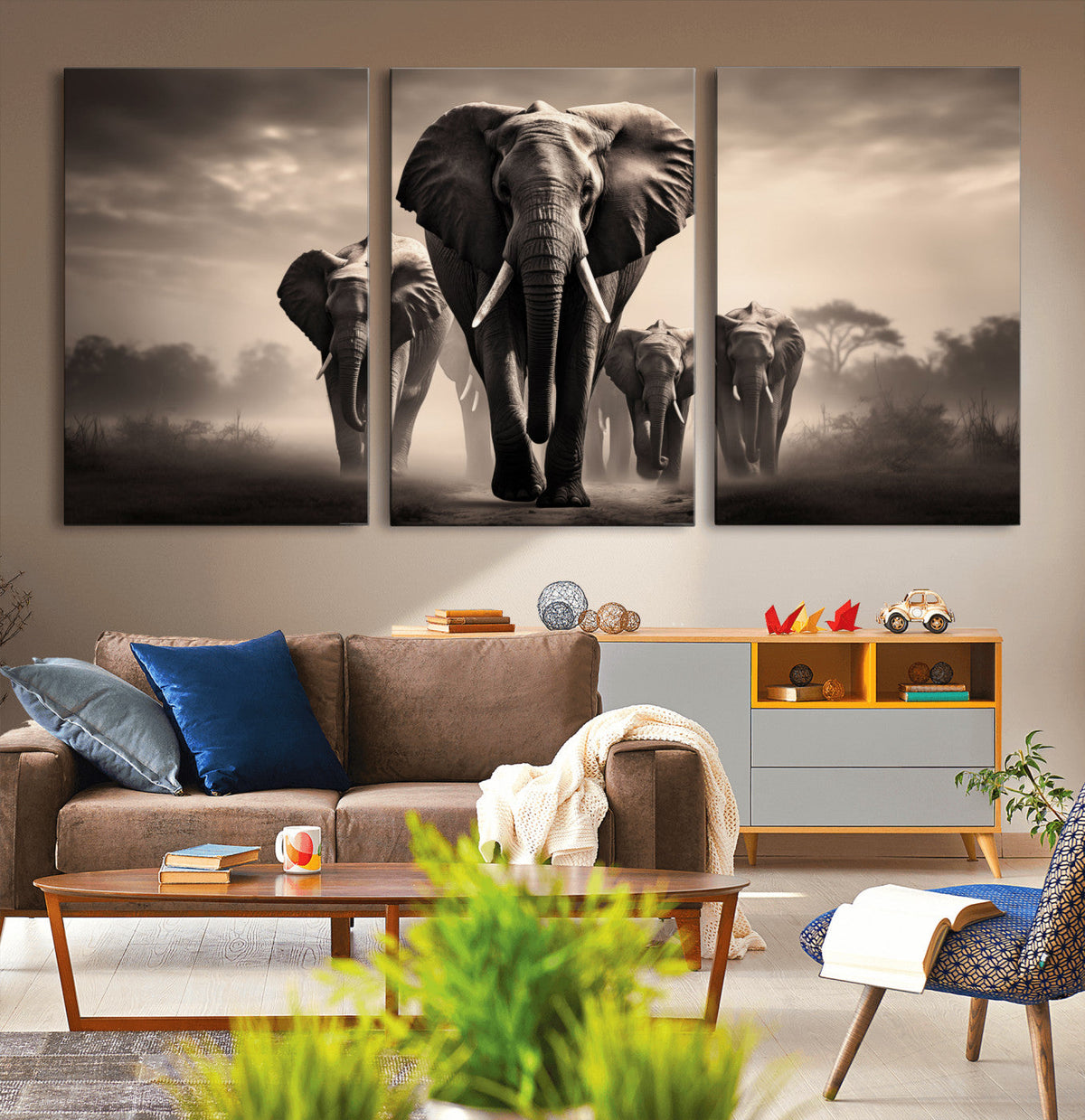 Elephant Family Wall Art Canvas Print, Framed Elephant Wall