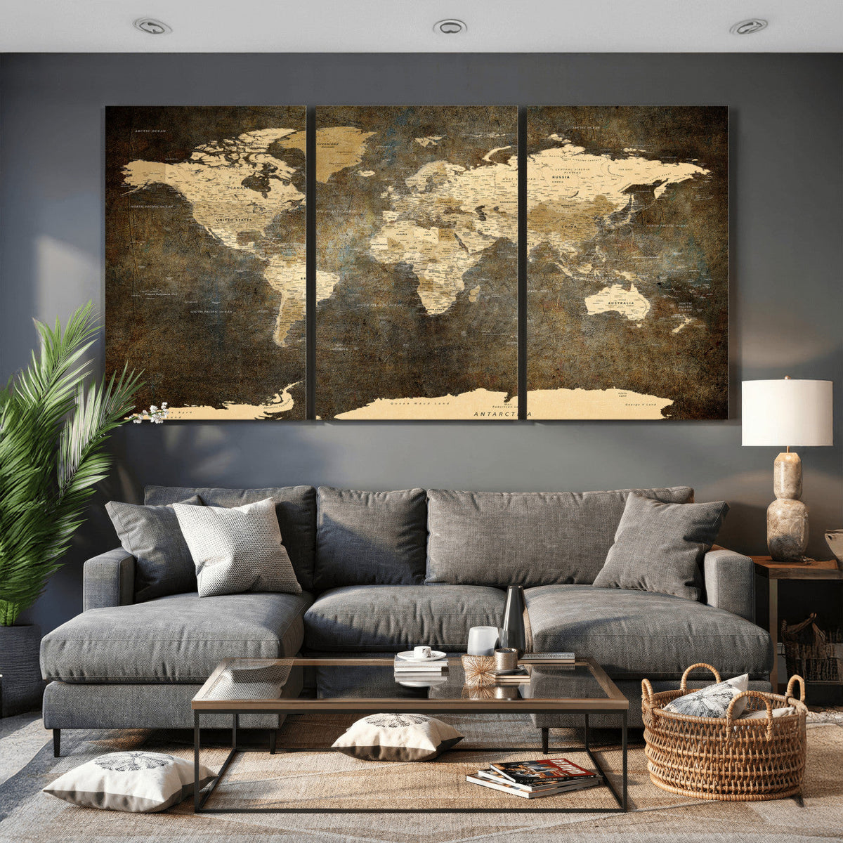 Large Framed Vintage World Map Wall Art Print for Home Wall
