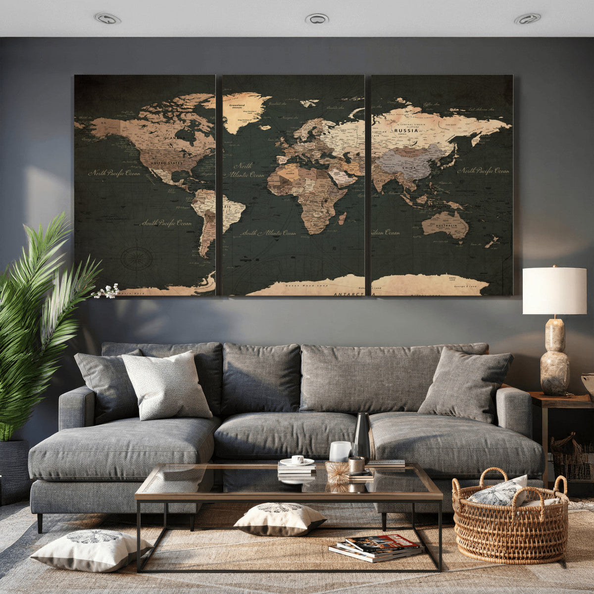 Vintage World Map Canvas Wall Art – Framed Travel Map for