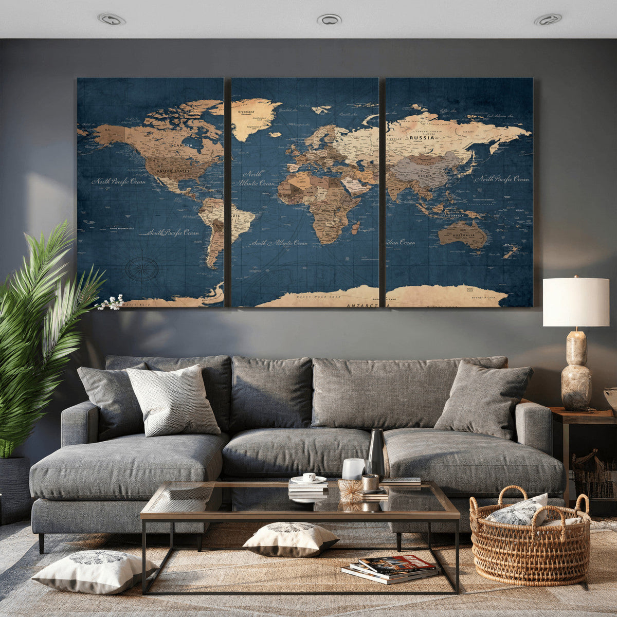 Navy Blue World Map Canvas Print – Framed Travel Map Wall