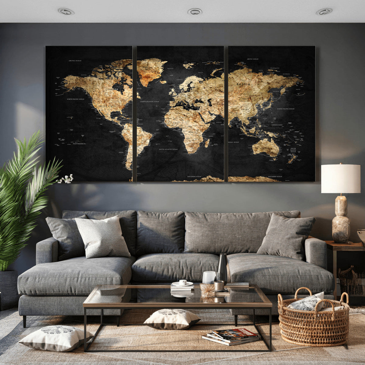 World Map Canvas Wall Art with Famous Landmarks – Framed