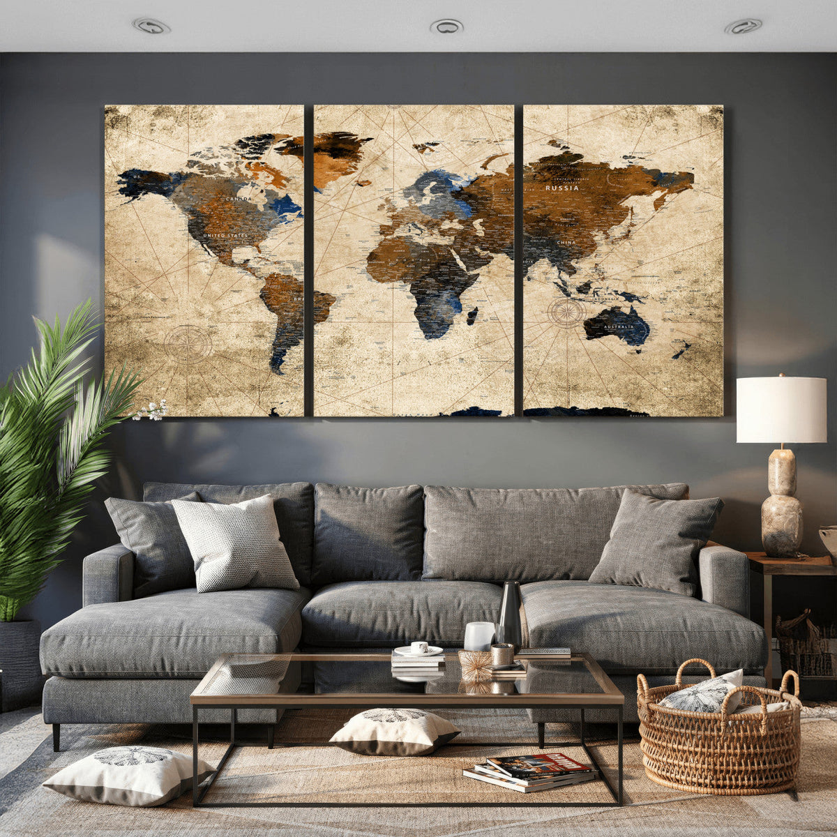 World Map Wall Art – Rustic Earth Tone Canvas Print, Antique