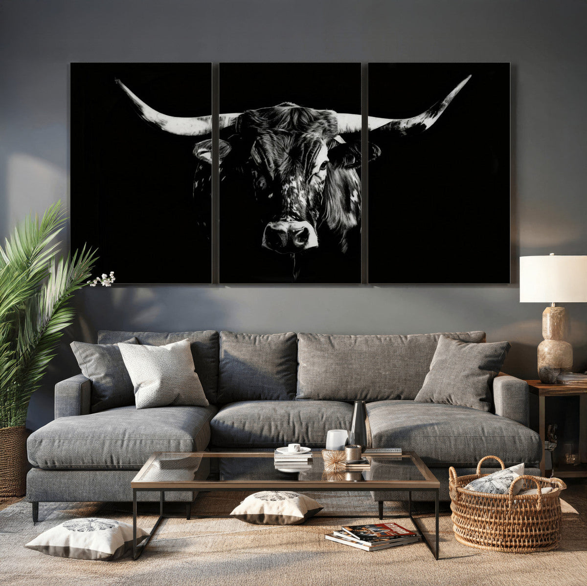 Black Bull Wall Art Canvas Print, Dark Longhorn Portrait