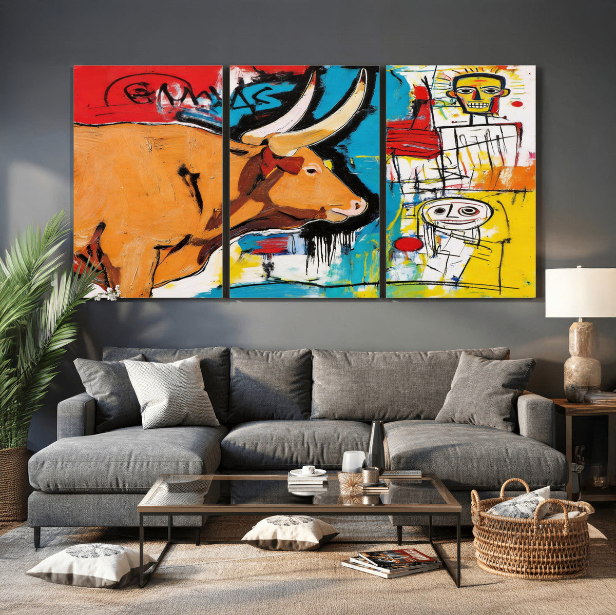 Basquiat Style Bull Graffiti Wall Art Canvas Print, Street