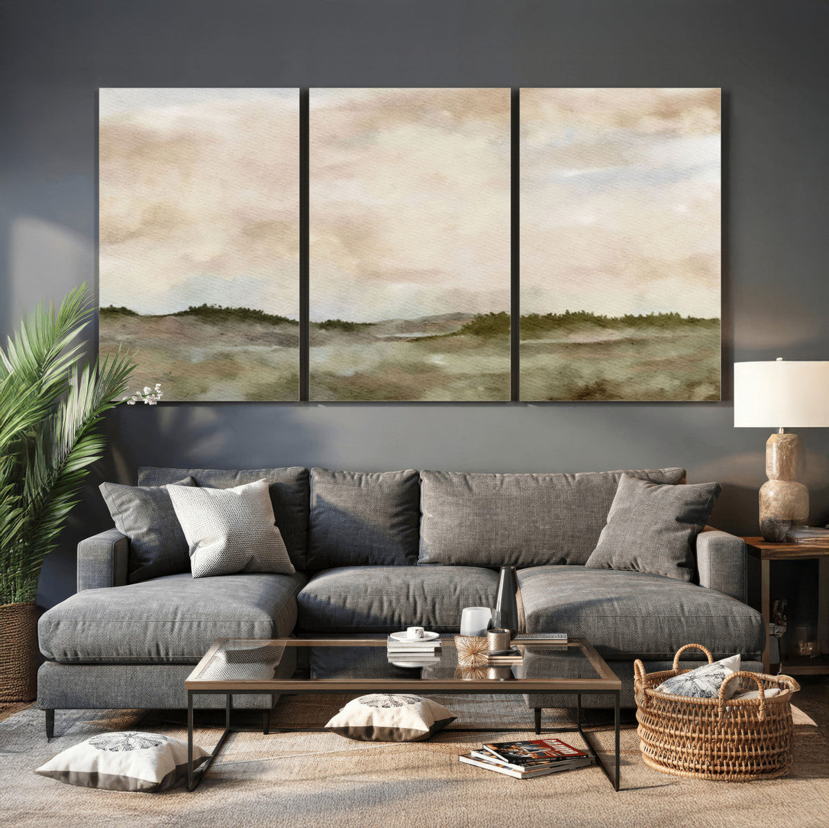 Muted Watercolor Hill Landscape Print — Beige Taupe Cloudy