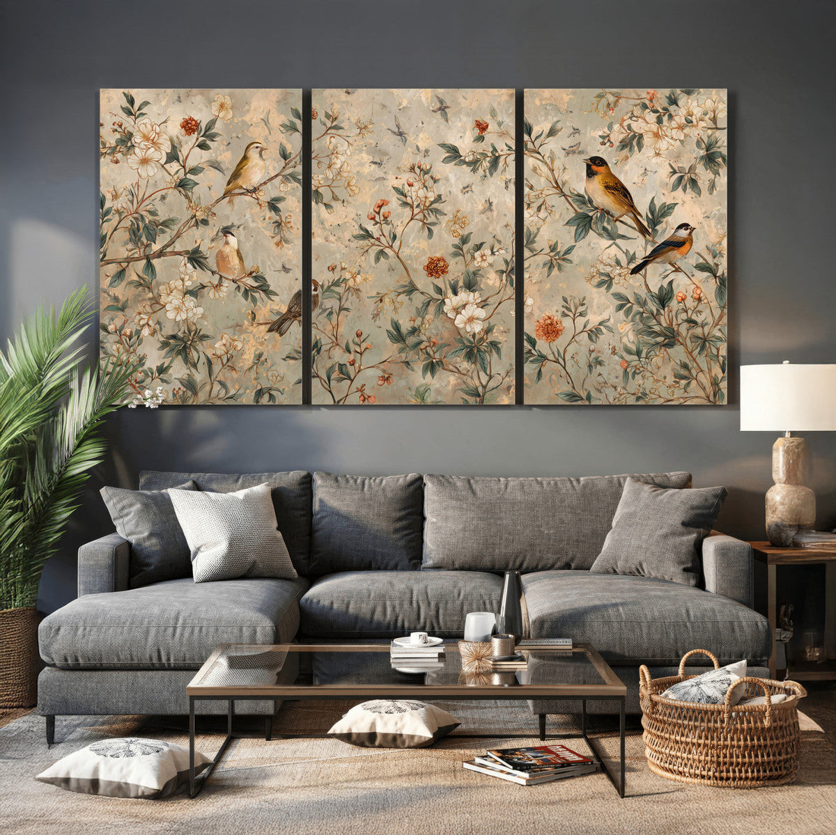 Vintage Birds and Flowers Wall Art Canvas Print, Botanical