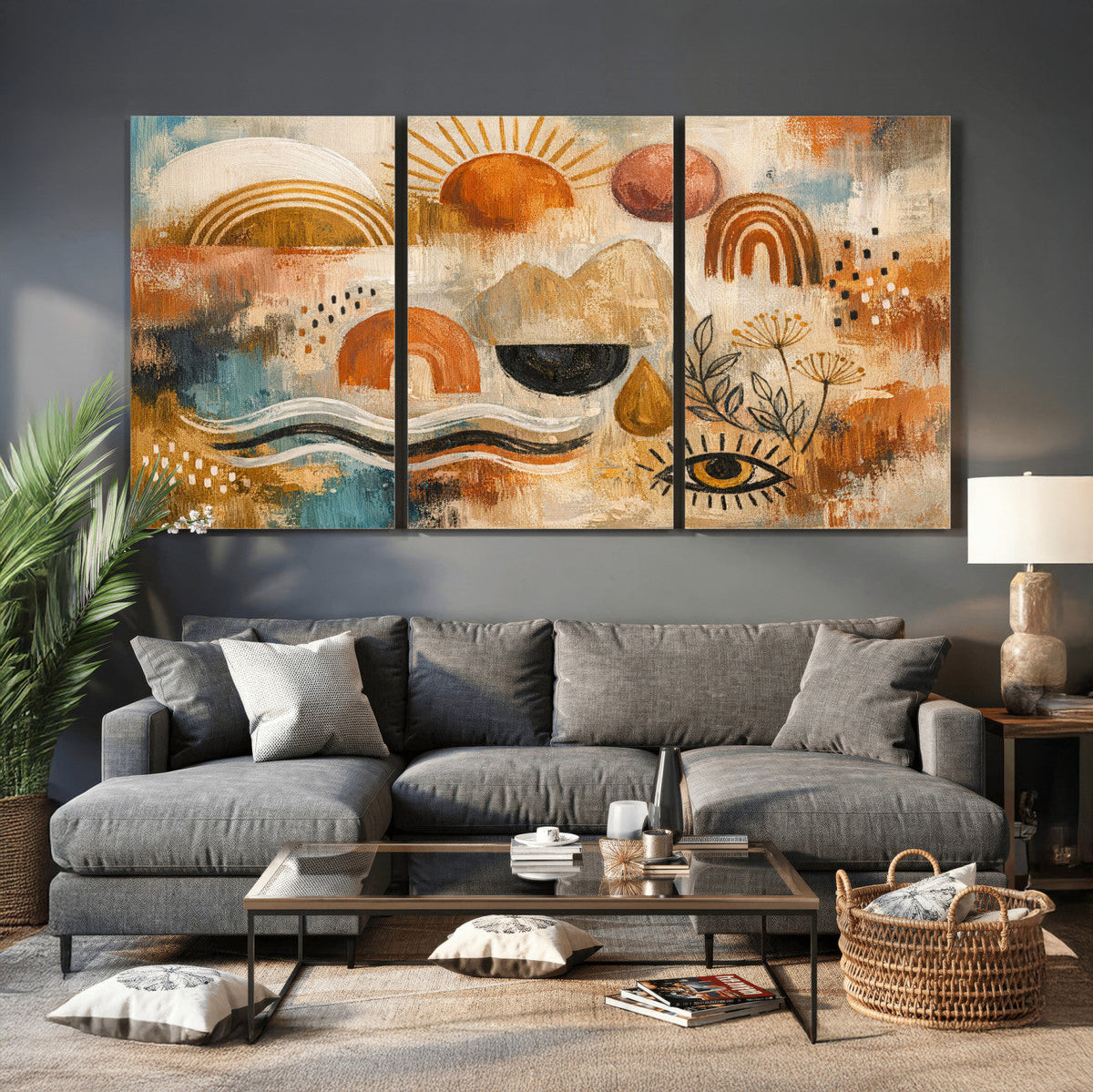 Geometric Boho Abstract Wall Art Canvas Print, Orange Blue