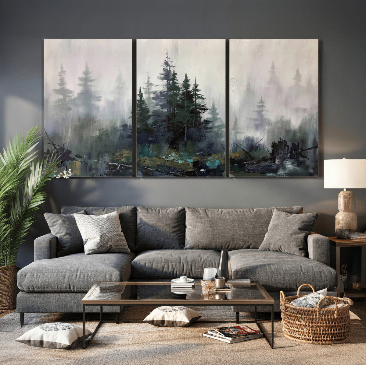 Misty Pine Forest Oil Painting Canvas — Dark Moody Teal Grey