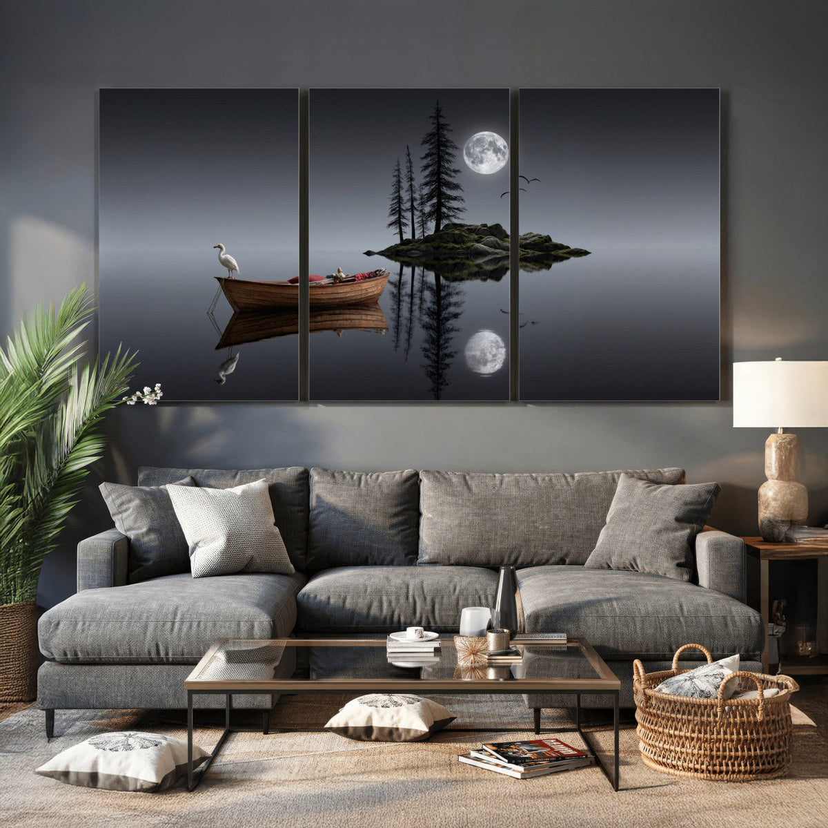 Moonlit Lake Canvas Wall Art, Dreamy Boat Heron Full Moon