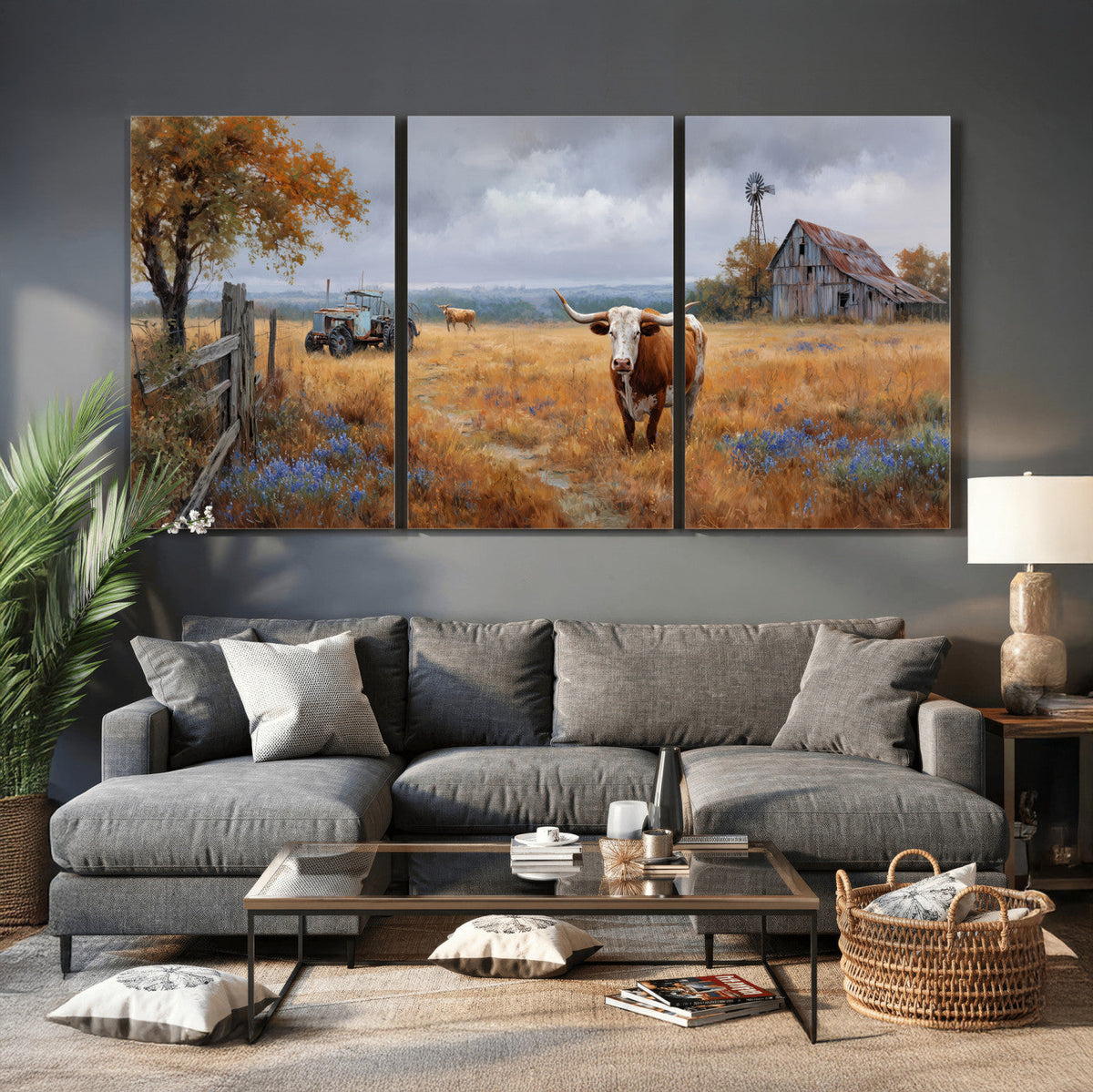 Texas Longhorn Canvas Wall Art, Rustic Farm Barn Bluebonnet