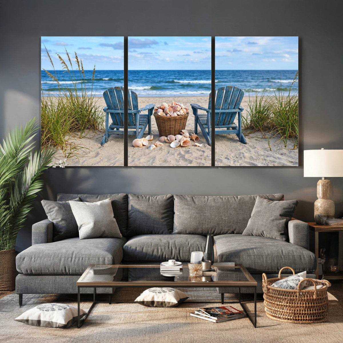 Large Beach Canvas Wall Art Coastal Adirondack Chairs Ocean