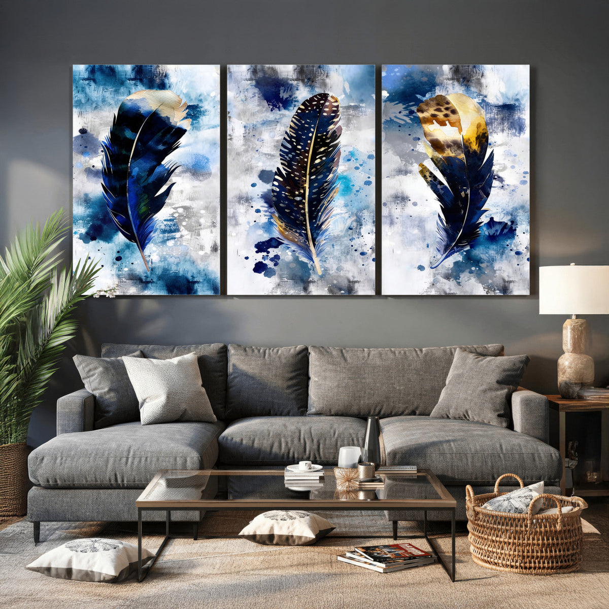 Feather Canvas Wall Art Navy Blue Gold Watercolor Abstract