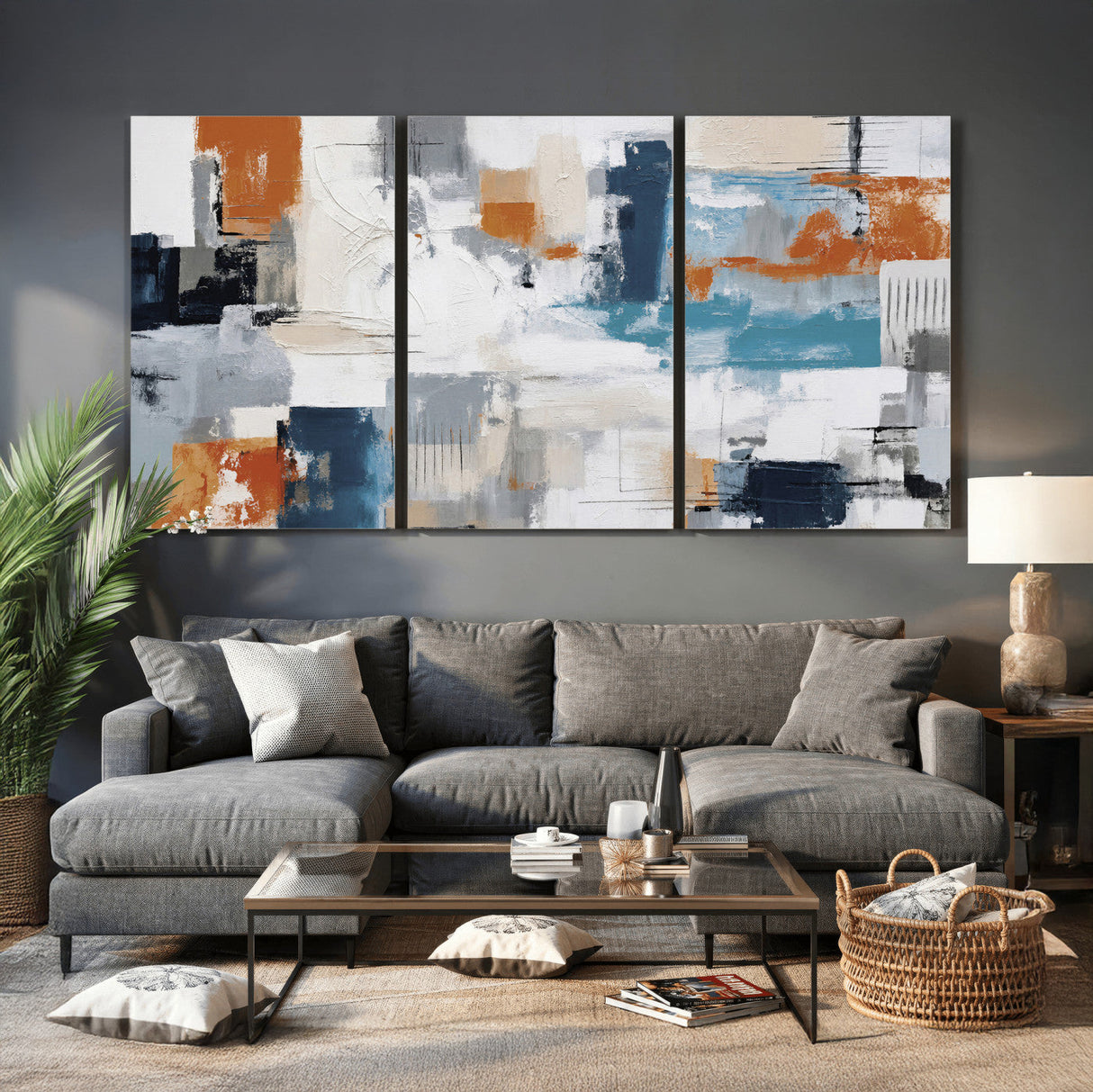 Blue Teal Abstract Canvas Wall Art, Modern Textured Painting Print, Navy Orange White Contemporary Art, Neutral Living Room Decor, Office Art